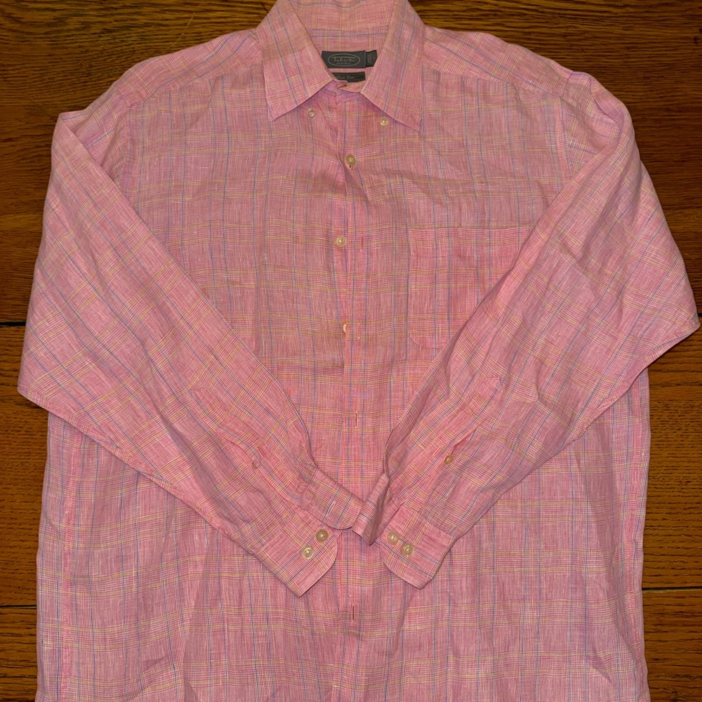 Talbots Pink Plaid Men's Casual Button Down Shirt 100% Irish Linen Easter